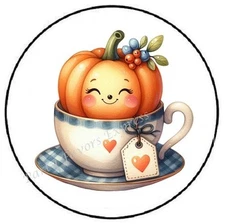 PUMPKIN IN TEA COFFEE CUP HALLOWEEN ENVELOPE SEALS LABELS STICKERS PARTY FAVORS