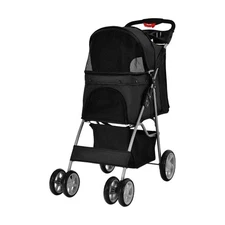 NNECW 4-Wheel Folding Pet Stroller with Mesh Windows &amp Storage Basket-Black