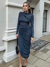 ZARA COLLECTION Women's Knotted Asymmetric Midi DRESS BLUE GREY ruched party S
