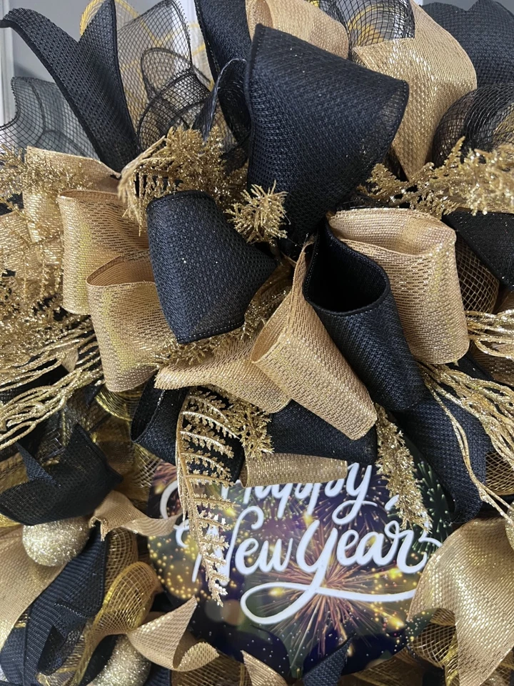 New Years Black and Gold Custom Handmade Wreath - Image 2 of 3