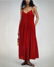 Madewell Tilda Textured V-Neck Smocked Midi Dress Festival Red Size XXS