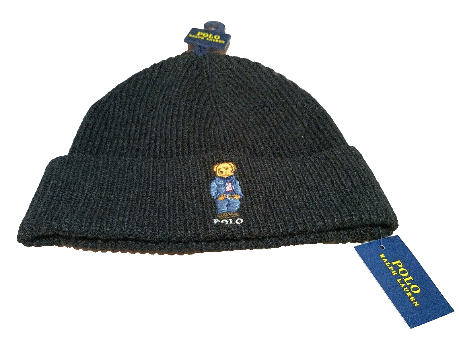 Polo Ralph Lauren Embroidered Denim Bear Beanie Rib-Knit Hat -one size