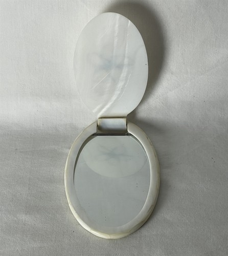Vintage Handheld Mirror With Hinged, Mother of Pearl Shell Frame and Lid