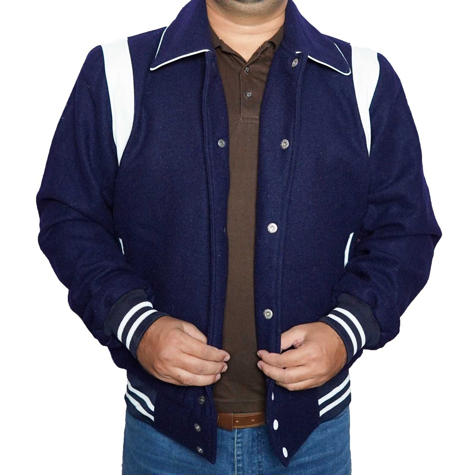 Men's Navy Blue Wool Letterman Moto Biker Bomber Baseball Varsity Jacket