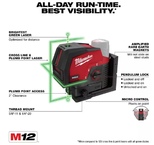 Laser verde Milwaukee 3622-20 M12 nuovo - linea incrociata e punti a piombo e batteria - Foto 3 di 6