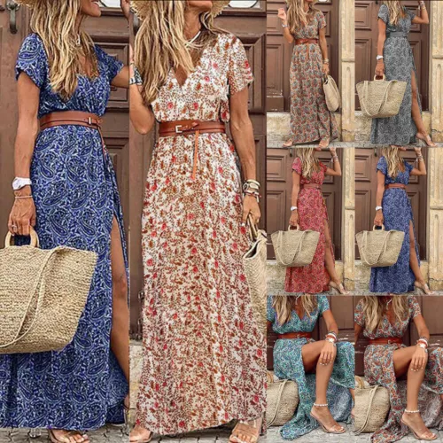 ⭐Mujeres Boho Floral Cuello en V Maxi Vestido Damas Verano Informal Vacaciones Solero Talla - Imagen 1 de 30