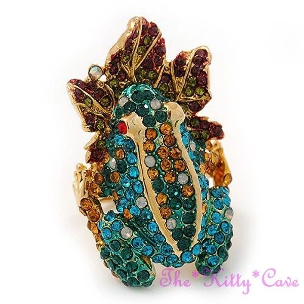 Impresionante Pequeño Veneno Dardo Rana Sobre Hoja de Lirio Alfombra Roja Anillo con Cristales de Swarovski Foto 4 de 4