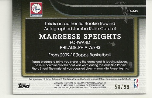 2009-10 TOPPS BASKETBALL - MARREESE SPEIGHTS AUTO - ROOKIE REWIND JUMBO RELIC - Picture 2 of 2