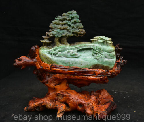 10.8" Chinese Natural Dushan Jade Carving Tree Fisherman bridge Statue Sculpture