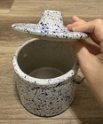 Vintage Blue White Speckled Ceramic Cheese Crock Canister Metal Bail Closure  — photo 10