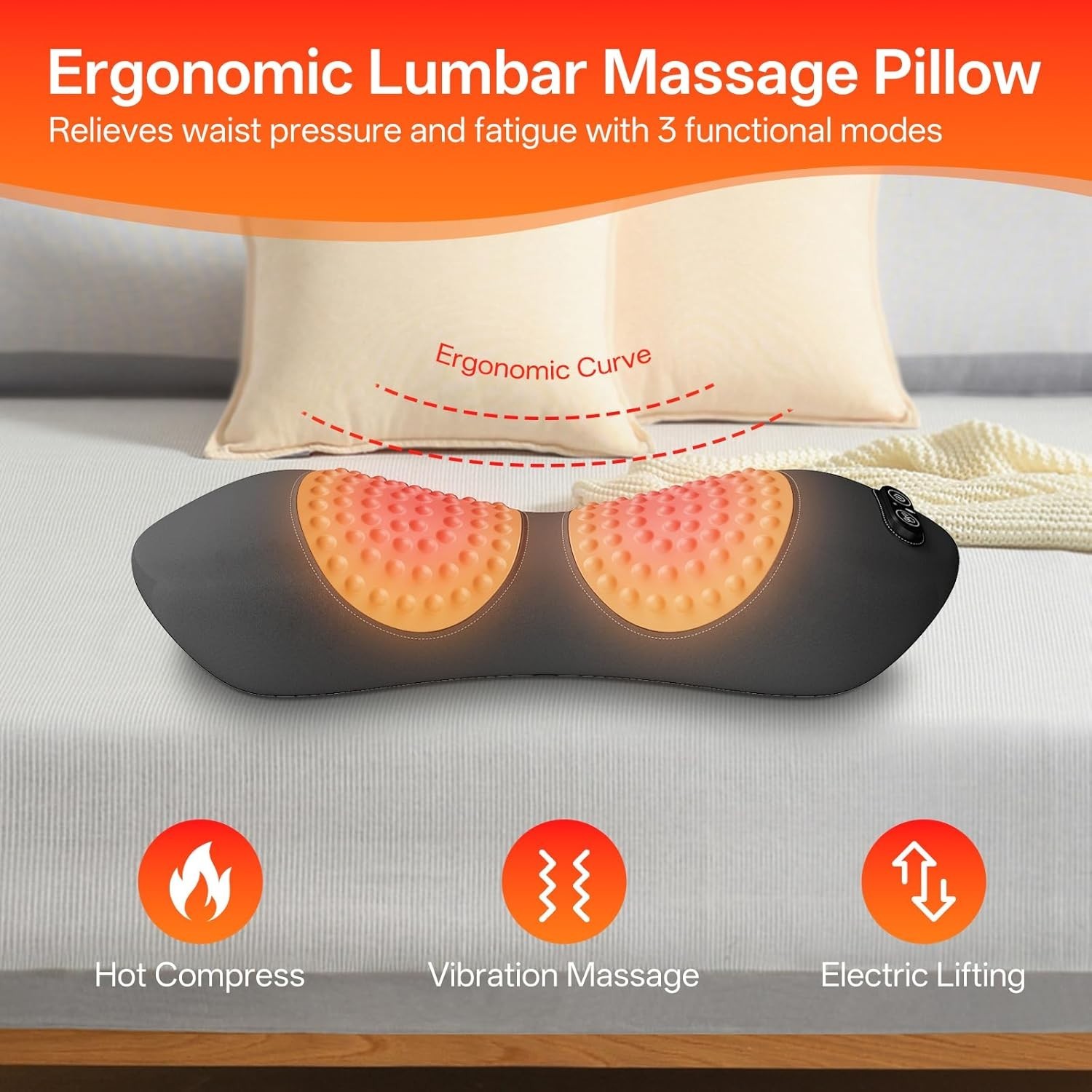 3-In-1 Electric Lumbar Support Pillow for Bed and Chair, Smooth Spine Triple Fus
