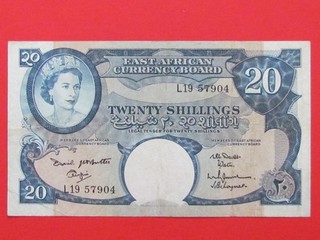 BILLETE COLECCIONABLE DE 20 CHELINES DE ÁFRICA ORIENTAL BRITÁNICO (1953 RARO ESCASO)