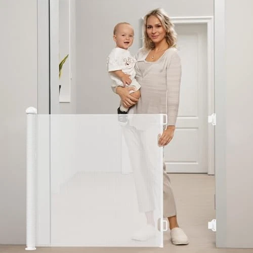 BTXON RETRACTABLE BABY & PET GATE - 55" AUTO LOCK MESH GATES - WHITE