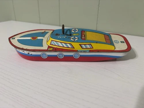 Vintage The Ohio Art Co Tin Wind-Up Cabin Cruiser Toy Boat See Photos 8.5”