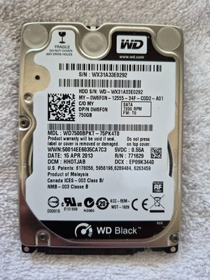 WD Black 750GB 2.5'' SATA 7200RPM Laptop HDD WD7500BPKT Wiped Tested CDI 100%