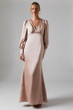 Coast Womens Maxi Dress Mocha Satin V Neck Long Sleeve Elegant Fit Flare