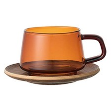 KINTO SEPIA Cup & Saucer 270ml Amber Heat-Resistant Glass Wood Tray Japan 21742