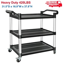 Plastic Utility Carts w Wheels, 3-Tier Restaurant Cart, Heavy Duty Rolling Cart