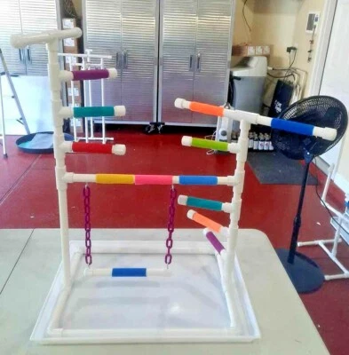PERCH PERFECT BIRD SPECIALTIES Custom 1/2" PVC Parrot Perch Fun GymStand with steps PAN and SWING!