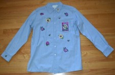 Quacker Factory Chambray Shirt Button Up Blue Pansy Faith Seeds Embroidery S