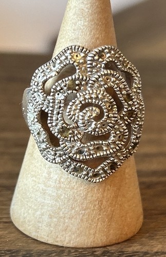 Vintage Flower Design Cocktail Ring Solid Sterling Silver 925 Size 6 Thailand - Picture 7 of 17