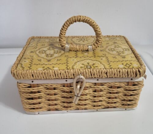 Vtg Dritz Sewing Basket Japan Scovill Yellow 8" Woven Wicker With Handle 7022 - Picture 1 of 8