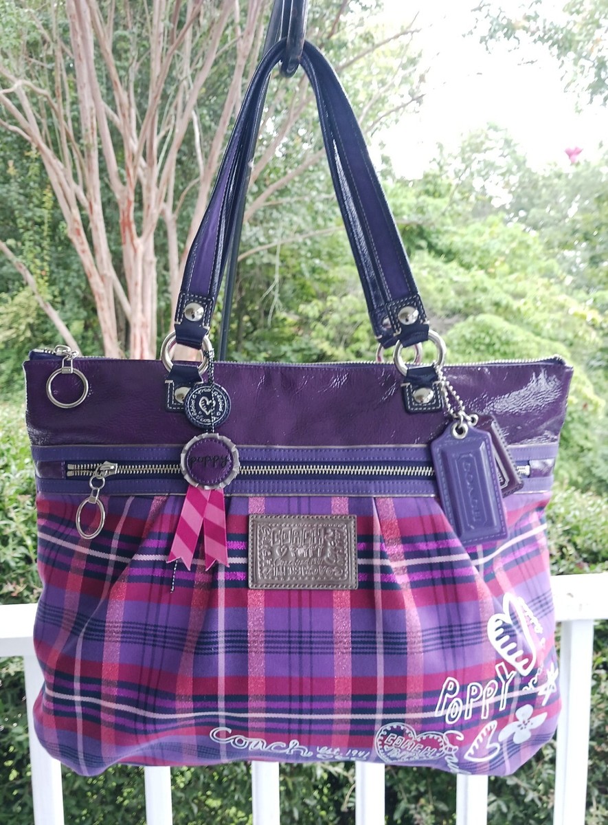 Coach 15886 Poppy Canvas Purple Plaid Graffiti Print Tote/Shoulder