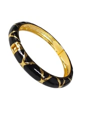 Women's Elegant Thin Hinged Bangle Bracelet Gold Plated Black Enamel NWOT