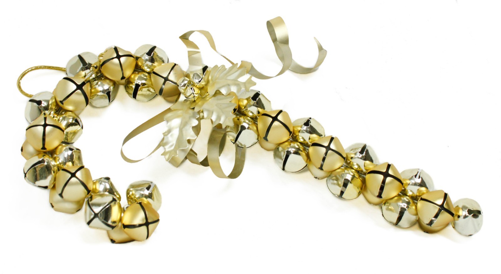 Gold Metal Holly Cane Bell Christmas Ornament Large Holiday Decor