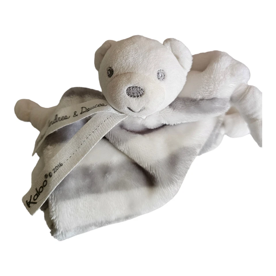 Manta de seguridad anudada de felpa juguete rayas blancas y grises Kaloo Lovey Bear 8"x8" Foto 2 de 4
