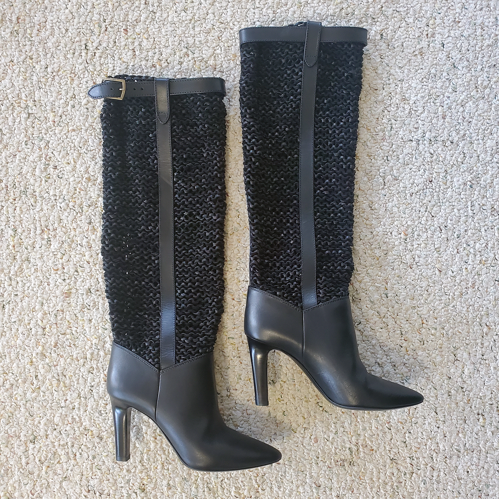 Stivali al ginocchio YSL Saint Laurent in pelle di vitello intrecciata Kim 90 neri taglia 39 (US 9)