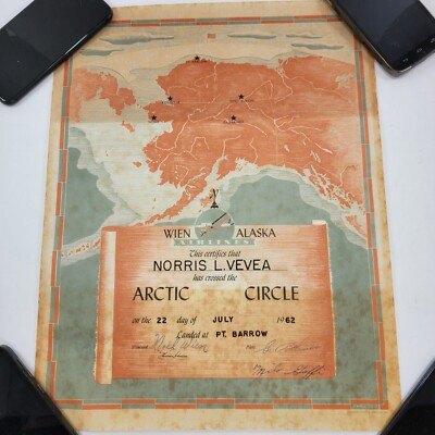 Vintage Original Wien Air Alaska Arctic Crossing Certificate Poster 1962