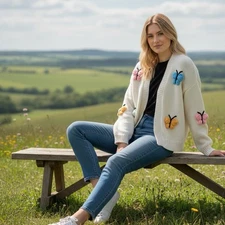 Luna Ivy Size Small Butterfly Open Cropped Cream Pastel Womens Cardigan Sweater