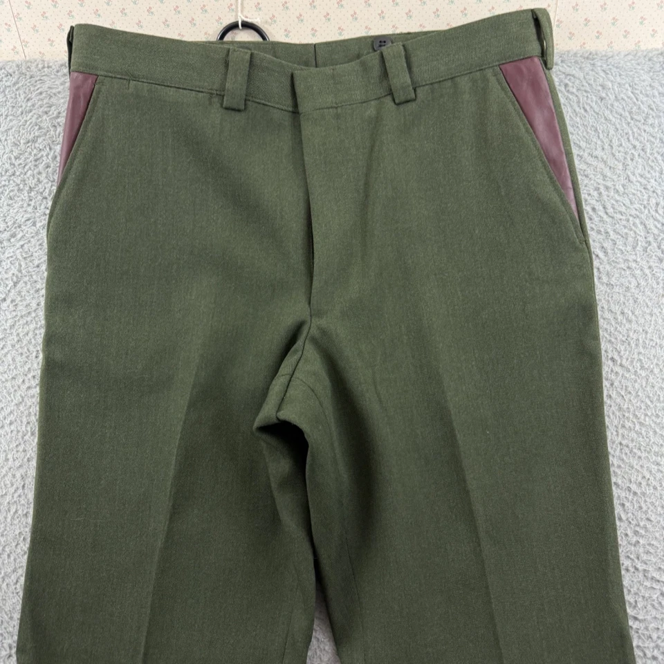 Vintage LL Bean Pants Mens 34x36 Green Leather Trim Wool 80s Hunting Zip NWT USA - Image 3 of 4