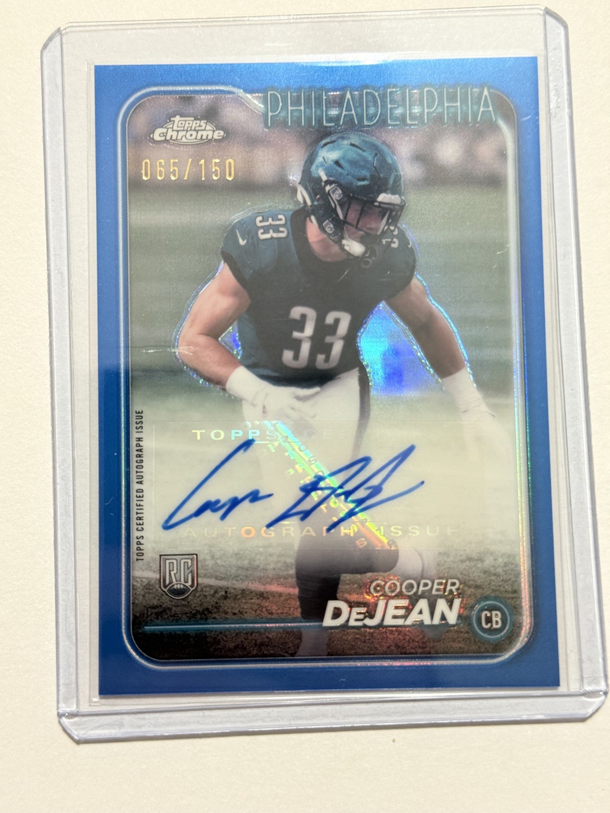 2024 Topps Chrome Blue Refractor /150 Cooper DeJean Rookie Auto #RA-CDE JW1