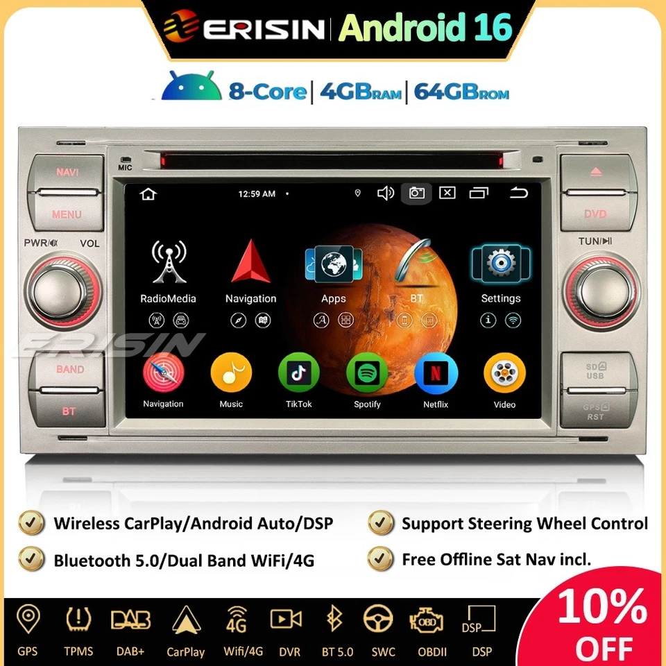 64Go DAB+Android 16 GPS Autoradio pour Ford Focus S/C-Max Fiesta Transit Connect - Photo 1/4