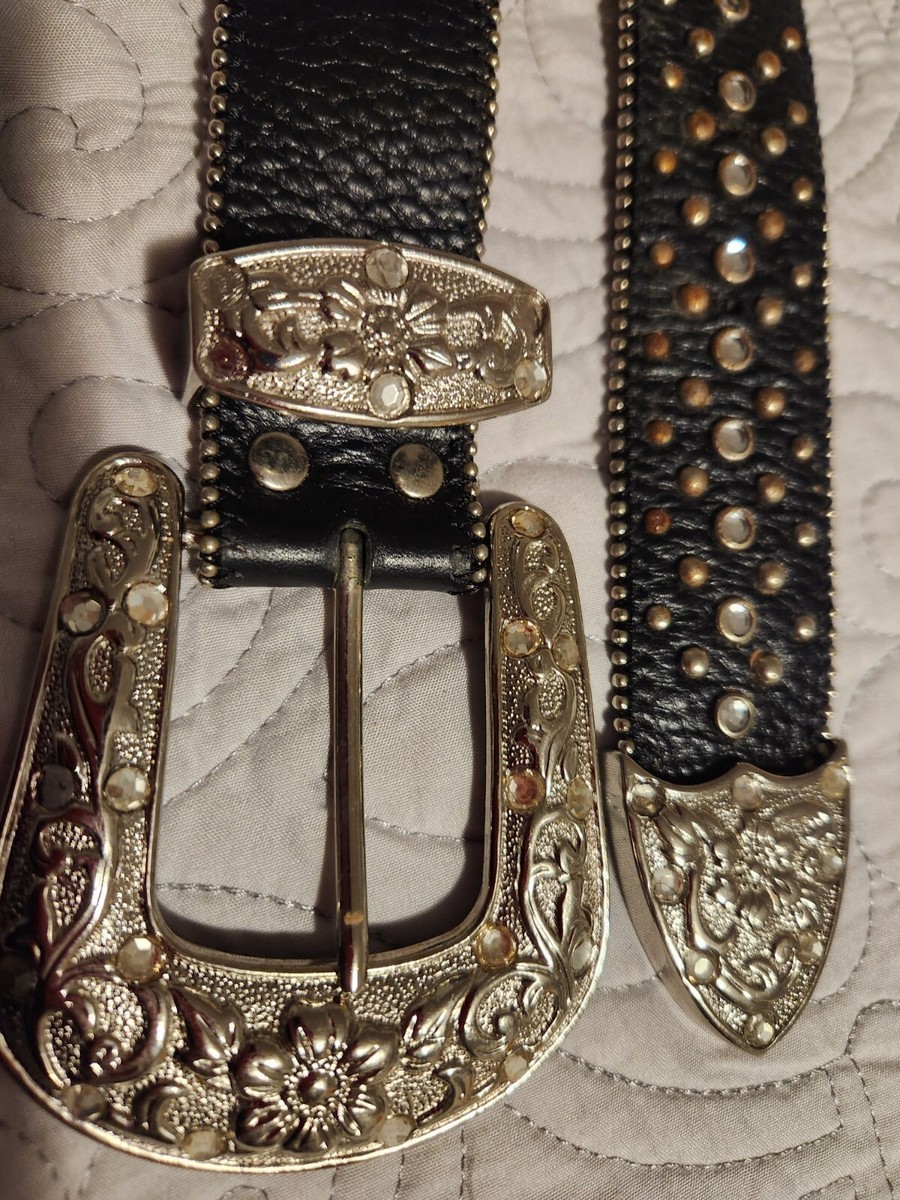 Womens Studded Leather Belt, Medium Western Black & silver  display picture 1
