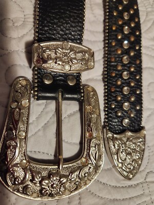 Vintage Black Leather Studded Western Big Buckle Adjustable Womens Waist Belt 36 Western Leather Belt for Women Vintage Design Buckle Waist  main image 3