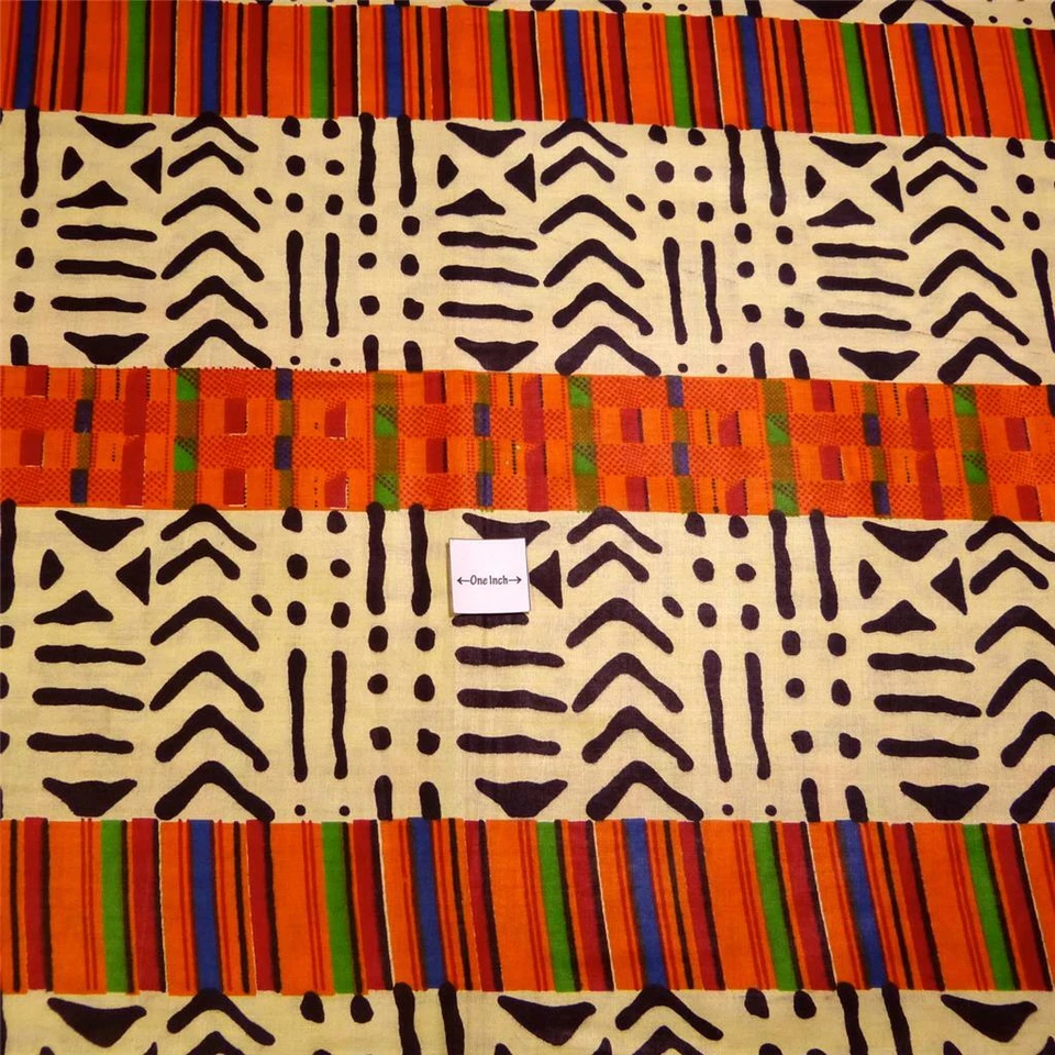 Tela de tela africana Kente y barro teñida con cera mixta, crema, naranja y azul, Malí Foto 3 de 4