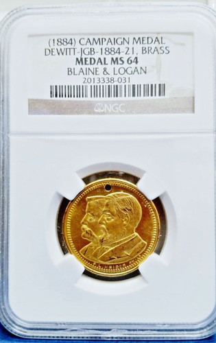 JAMES G. BLAINE 1884 POLITICAL CAMPAIGN MEDAL DEWITT JGB-1884-21 NGC MS 64