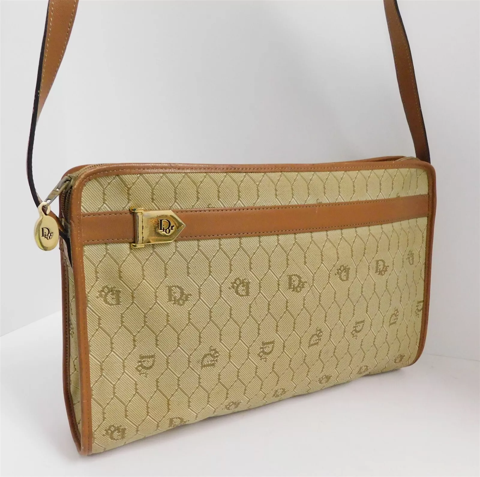 Sac bandoulière Christian Dior France vintage beige logo monogramme toile cuir