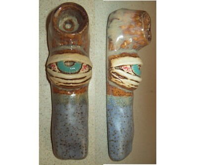 XL Eye 2 tone ceramic pipe brown bowl speckled blue lip JMCeramics