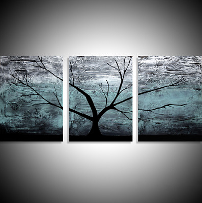Triptychon Wandbild Original Kunst Gemälde Künstler Abstrakt Baum Leinwand Türkis B
