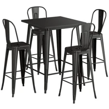 32" Square Black Metal Restaurant Bar Table Set with 4 Cafe Barstool For Outdoor