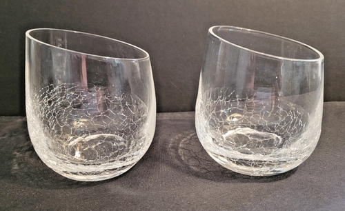 Pair of "Pier 1" Clear Crackle Bottom, Slant Rim, Stemless Wine Glasses - Picture 7 of 9
