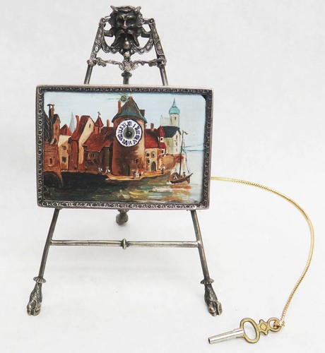 VINTAGE GERMAN SILVER TRIPOD & ORIGINAL PAINTING WORKING KEY WIND CLOCK - Picture 2 of 7