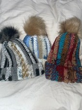 Winter Hat with Furry Pom Pom - Hand Knitted - several to choose from