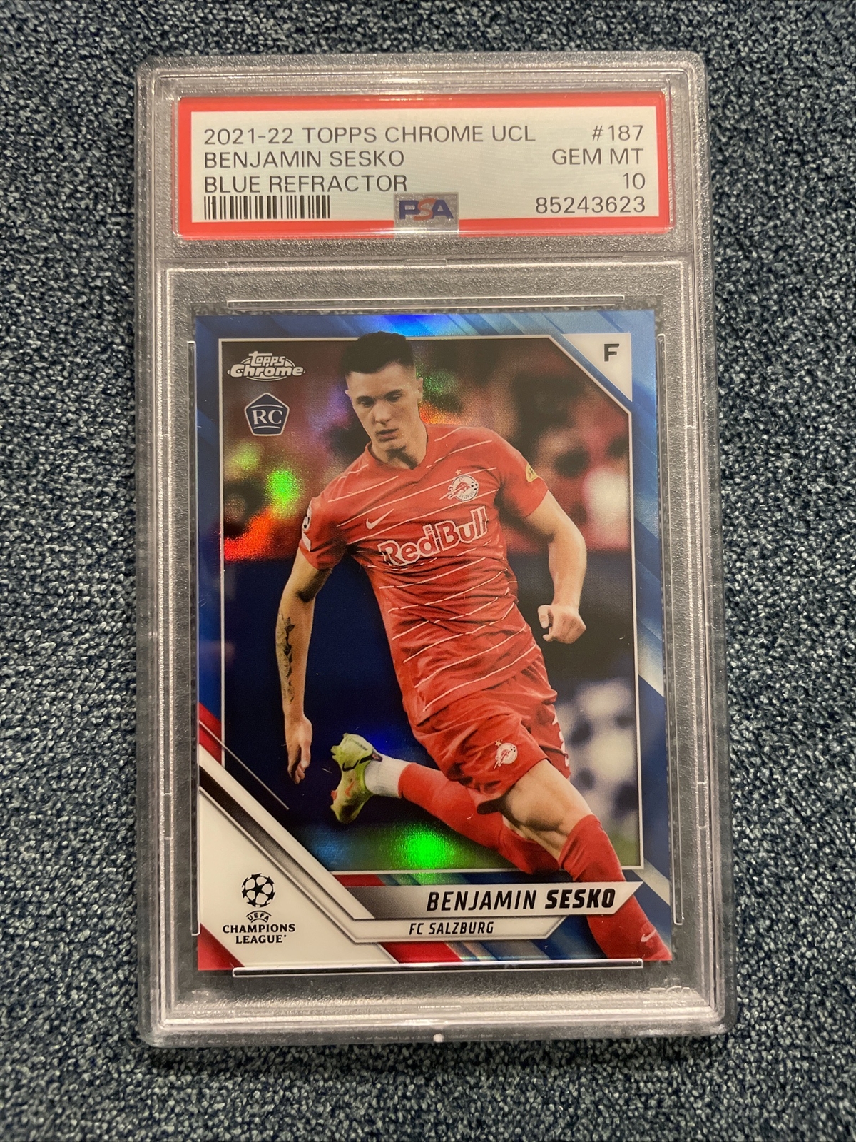 2021-22 Topps Chrome UCL Benjamin Sesko RC True Blue Refractor /150 PSA 10 Gem