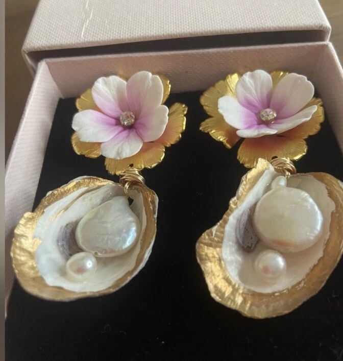Brincos de gota de flor de recife rosa e contas de ostra novos com etiquetas - Imagem 4 de 4