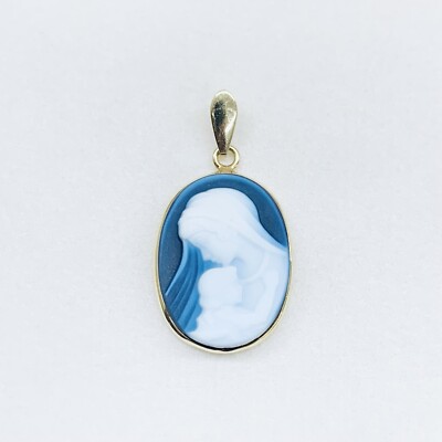 14k Gelbgold schwarzer Onyx geschnitzt Kind Mutter Mutter oval Anhänger Charm OTC Italien